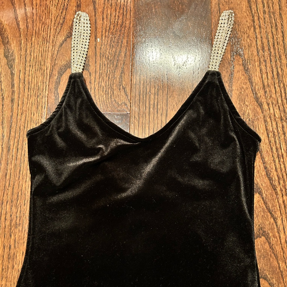 Forever 21 Black Velvet Bodysuit with Silver Rhinstone Straps